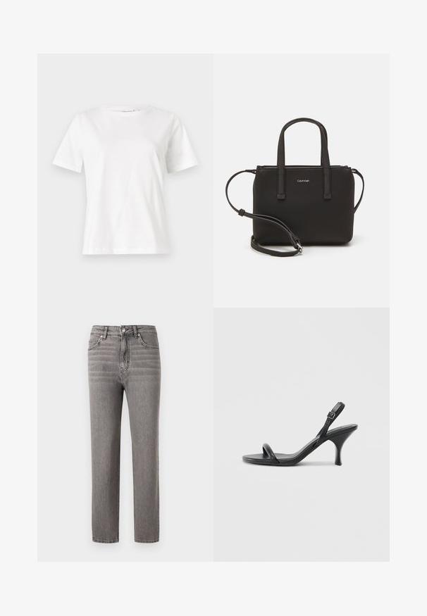 Bílý bavlněný tričko s krátkým rukávem, kulatým výstřihem a volnějším střihem. Hladká textura, bez vzorů nebo akcentů, minimalistický design.; Šedé džíny z denimu se střihovým designem rovného střihu, středním pasem, pěti kapsami a jemnými vertikálními švy. Hladká textura a lehká váha.; Černé kožené sandály na vysokém podpatku s úzkým, zakřiveným podpatkem a designem s překříženými popruhy. Nastavitelný pásek kolem kotníku. Hladký povrch.; Černá kabelka s dvojitými krátkými uchy a odnímatelným ramenním popruhem. Hladký koženkový materiál s uzávěrem na zip a detailem loga.