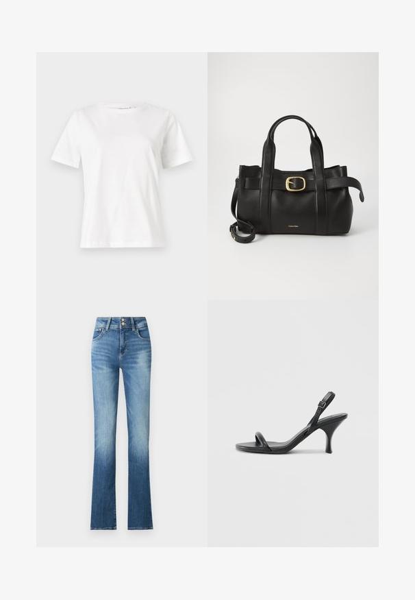 White cotton t-shirt with short sleeves, round neckline, and a relaxed fit. Smooth texture, no patterns or accents, minimalistic design.; Blue denim flared jeans with a high waist, featuring light fading, two buttons, and side pockets. The fabric has a smooth texture.; Black leather high-heeled sandals with a slim, curved heel and a crossed strap design. Adjustable ankle strap. Smooth texture.; Black leather handbag featuring a structured design, dual top handles, gold-tone buckle accent, and embossed brand logo at the front.
