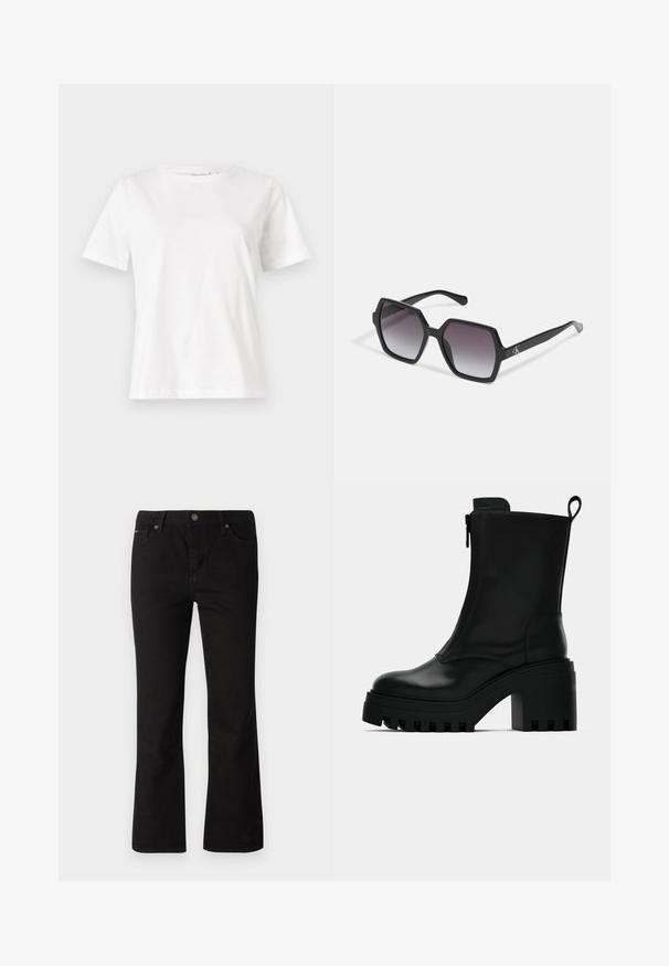 Camiseta de algodón blanca de manga corta, con cuello redondo y un corte relajado. Textura suave, sin patrones ni acentos, diseño minimalista.; Jeans negros de pierna recta con cierre de botón y cremallera, pasadores para cinturón y bolsillos delanteros y traseros sobre un fondo blanco.; Botín negro de cuero hasta el tobillo con suela de goma gruesa, tacón cuadrado, cremallera lateral y tirador en la parte posterior sobre un fondo blanco liso.; Gafas de sol hexagonales negras con lentes degradados, que presentan un acabado brillante y un sutil branding en la patilla. Construcción de plástico duradero.