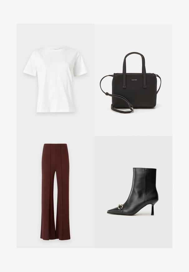 Hvid bomulds t-shirt med korte ærmer, rund halsudskæring og en afslappet pasform. Glat tekstur, ingen mønstre eller accenter, minimalistisk design.; Brune brede bukser med høj talje, lavet af et glat stof med lodrette sømme foran og en pæn afsluttet kant.; Sort læder ankelstøvle med spidse tæer, slank hæl i mellemhøjde og sølvspænde detaljer på siden mod en ensfarvet baggrund.; Sort håndtaske med to korte håndtag og en aftagelig skulderrem. Glat læderagtigt materiale med lynlåslukning og logo detaljer.