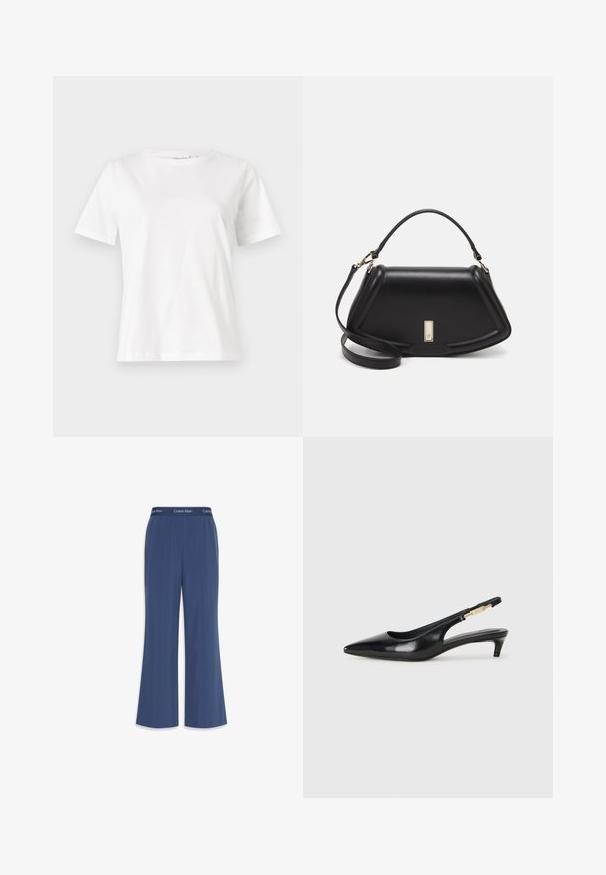 White cotton t-shirt with short sleeves, round neckline, and a relaxed fit. Smooth texture, no patterns or accents, minimalistic design.; Navy wide-leg pants made of soft fabric with a smooth texture. Features an elastic waistband with "Calvin Klein" logo along the top.; Black leather slingback heels with a pointed toe, featuring a slim heel and a gold-tone accent on the adjustable strap. Smooth texture.; Black leather handbag with a structured design, featuring a cropped shape, top handle, and gold hardware accent. Adjustable shoulder strap included.