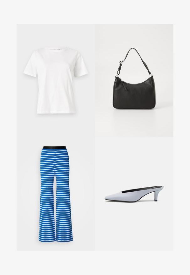 White cotton t-shirt with short sleeves, round neckline, and a relaxed fit. Smooth texture, no patterns or accents, minimalistic design.; Blue and white striped flared pants with a black elastic waistband. Features a smooth texture and even horizontal stripes throughout.; Light blue patent leather mule with a pointed toe, low transparent heel, and a sleek design featuring a cut-out at the vamp.; Black leather handbag with a curved shape, a single strap, zip closure, and subtle branding on the front. Smooth texture, minimalist design.