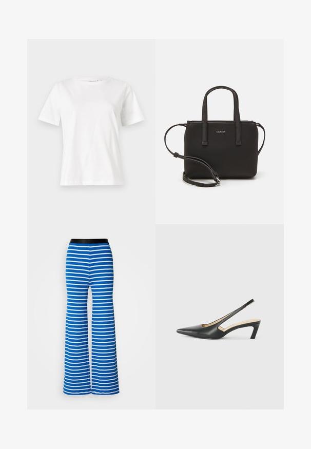 T-shirt en coton blanc à manches courtes, col rond et coupe décontractée. Texture lisse, sans motifs ni accents, design minimaliste.; Pantalons évasés rayés bleu et blanc avec une ceinture élastique noire. Présente une texture lisse et des rayures horizontales régulières.; Slingback noir à bout pointu avec un petit talon, en cuir lisse et doté d'un design découpé sur le côté pour plus de respirabilité.; Sac à main noir avec deux poignées courtes et une bandoulière amovible. Matière lisse semblable à du cuir avec une fermeture éclair et un détail de logo.