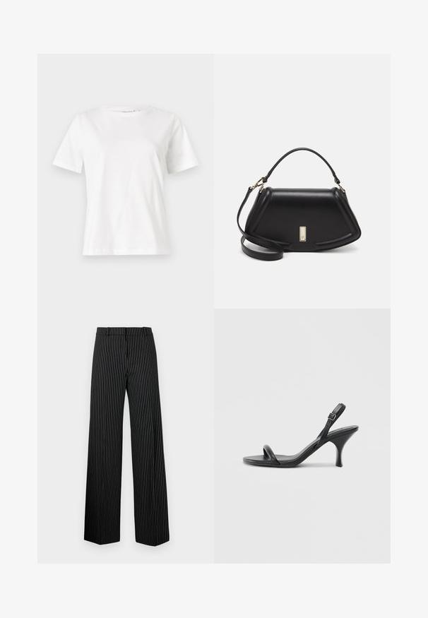 White cotton t-shirt with short sleeves, round neckline, and a relaxed fit. Smooth texture, no patterns or accents, minimalistic design.; Black wide-leg trousers with white vertical stripes. Features a flat waistband and straight hems, made from a smooth, lightweight fabric.; Black leather high-heeled sandals with a slim, curved heel and a crossed strap design. Adjustable ankle strap. Smooth texture.; Black leather handbag with a structured design, featuring a cropped shape, top handle, and gold hardware accent. Adjustable shoulder strap included.