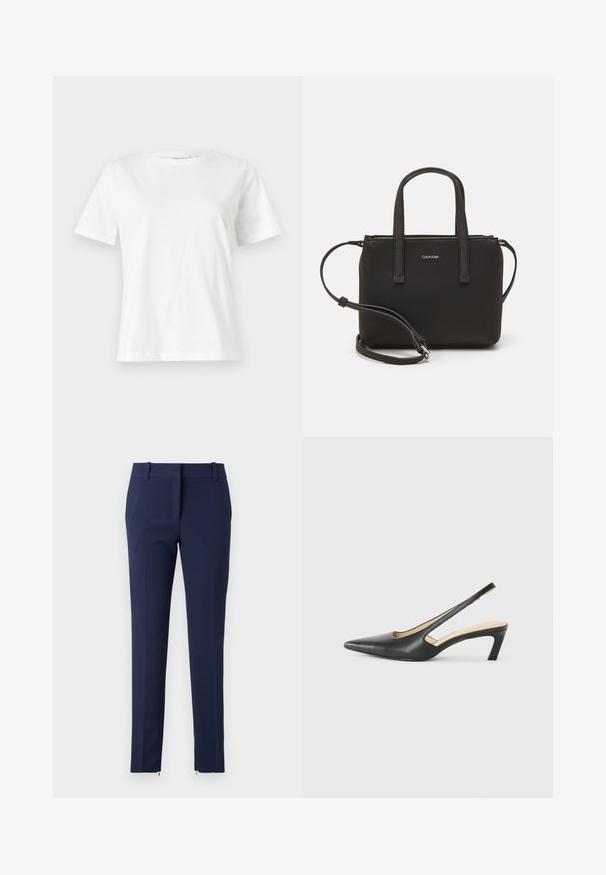 Bijela pamučna majica s kratkim rukavima, okruglim izrezom i opuštenim krojem. Glatka tekstura, bez uzoraka ili akcenata, minimalistički dizajn.; Mornarske hlače uskog kroja, izrađene od teksturirane tkanine. Imaju ravni prednji dio, petlje za remen i zatvarače na rubu za dodatan detalj.; Crne cipele s izduženim vrhom i remenom oko pete, s niskom petom, izrađene od glatke kože i s izrezbarenom stranom radi prozračnosti.; Crna torba s dva kratka ručka i uklonjivom naramenicom. Glatki materijal nalik koži s zatvaračem na zatvaranje i detaljem s logom.