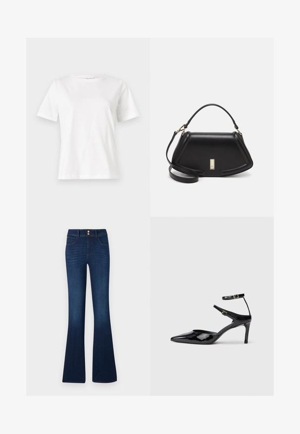 White cotton t-shirt with short sleeves, round neckline, and a relaxed fit. Smooth texture, no patterns or accents, minimalistic design.; Denim flared jeans in dark blue, featuring a high waist, two front pockets, and two back pockets, with a smooth texture and subtle stitching detail.; Black patent leather heels with a pointed toe, adjustable ankle straps, and a slender heel. Smooth texture with a shiny finish.; Black leather handbag with a structured design, featuring a cropped shape, top handle, and gold hardware accent. Adjustable shoulder strap included.