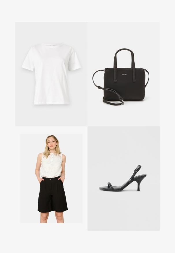 Balta medvilninė marškinėliai trumpomis rankovėmis, su apvalia iškirpte ir laisvu siluetu. Lygi tekstūra, be raštų ar akcentų, minimalistinis dizainas.; Balta nėriniuota beprasminė palaidinė su mygtukų apykakle, derinama su aukšto liemens juodais šortais, turinčiais šonines kišenes ir laisvą fasoną.; Juodos odinės aukštakulnės šlepetės su plonu, kreiviu kulnu ir kryžminiu dirželio dizainu. Reguliuojamas kulkšnies dirželis. Lygus paviršius.; Juoda rankinė su dviem trumpais rankenėlėmis ir nuimamu petį. Lygaus odos tipo medžiaga su užtrauktuku ir logotipo detale.