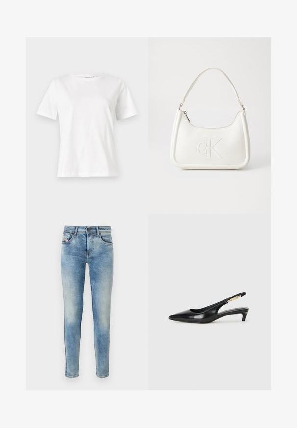 Valge puuvillane T-särk lühikeste varrukatega, ümmarguse kaelusega ja vabalt istuv. Sile tekstuur, ilma mustrite ja aktsentideta, minimalistik disain.; Helekeste sinise denimi teksad kitsas lõikega, viie taskuga disain ja veidi pleekinud tekstuur. Omab nööpkinnitamist ja õmblusdetailide lisandusi.; Mustad nahast slingback kontsad terava ninaga, millel on õhuke konts ja kuldse tooni aktsent reguleeritaval rihmal. Sile tekstuur.; Valge nahast käekott, millel on kumer kuju, esiküljel on reljeefne "CK" logo ja üks õlavarre rihm. Ülemine tõmblukkuu.