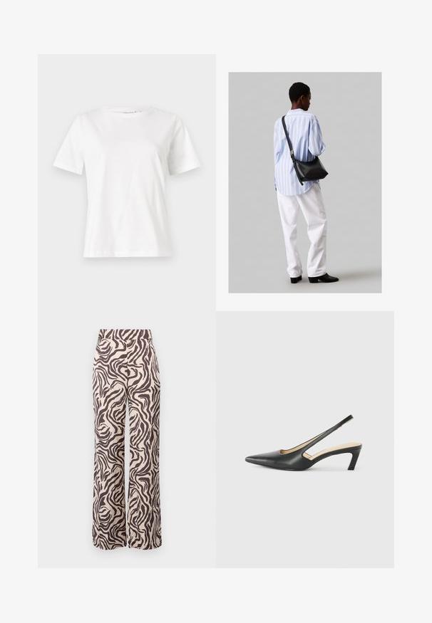 White cotton t-shirt with short sleeves, round neckline, and a relaxed fit. Smooth texture, no patterns or accents, minimalistic design.; Wide-leg trousers made of lightweight fabric featuring a beige background with brown zebra stripes and a flat waistband.; Black pointy-toed slingback shoe with a low heel, featuring smooth leather material and cut-out design on the side for breathability.; Black leather shoulder bag with a soft texture, triangular shape, and adjustable strap, paired with a light blue striped shirt and white pants.