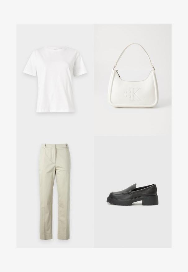 Tricou alb din bumbac cu mâneci scurte, guler rotund și o croială relaxată. Textură netedă, fără imprimeuri sau accente, design minimalist.; Pantaloni din bumbac bej, cu picioare drepte, pliuri centrale și bucle pentru curea. Au două buzunare laterale și un finisaj curat, croit.; Mocasini din piele neagră, cu vârf rotunjit, talpă groasă texturată și detalii minimale de cusătură. Design elegant, fără șireturi sau accesorii vizibile.; Geantă de umăr din piele albă cu formă curbată, având un logo "CK" embosat pe partea din față și un singur braț de umăr. Închidere cu fermoar în partea de sus.