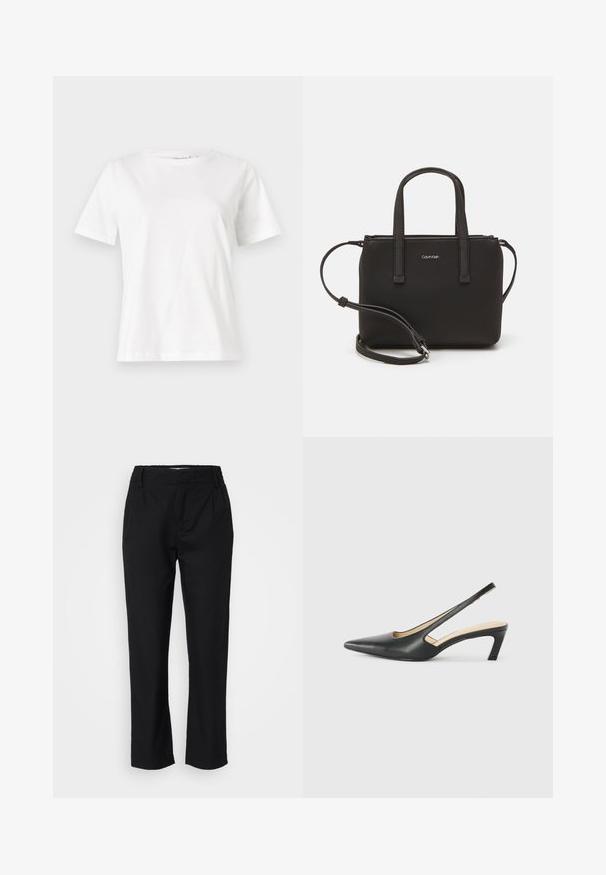 Weißes Baumwoll-T-Shirt mit kurzen Ärmeln, Rundhalsausschnitt und lockerer Passform. Glatte Textur, keine Muster oder Akzente, minimalistisches Design.; Schwarze Hose aus einem glatten Stoff mit geradem Bein, vorderen Falten und einem elastischen Bund für Komfort. Keine sichtbaren Beschläge.; Schwarzer spitz zulaufender Slingback-Schuh mit niedrigem Absatz, der aus glattem Leder gefertigt ist und seitliche Ausschnitte für Atmungsaktivität aufweist.; Schwarze Handtasche mit zwei kurzen, doppelt geflochtenen Griffen und einem abnehmbaren Schulterriemen. Glattes, lederähnliches Material mit einem Reißverschluss und Logodetail.