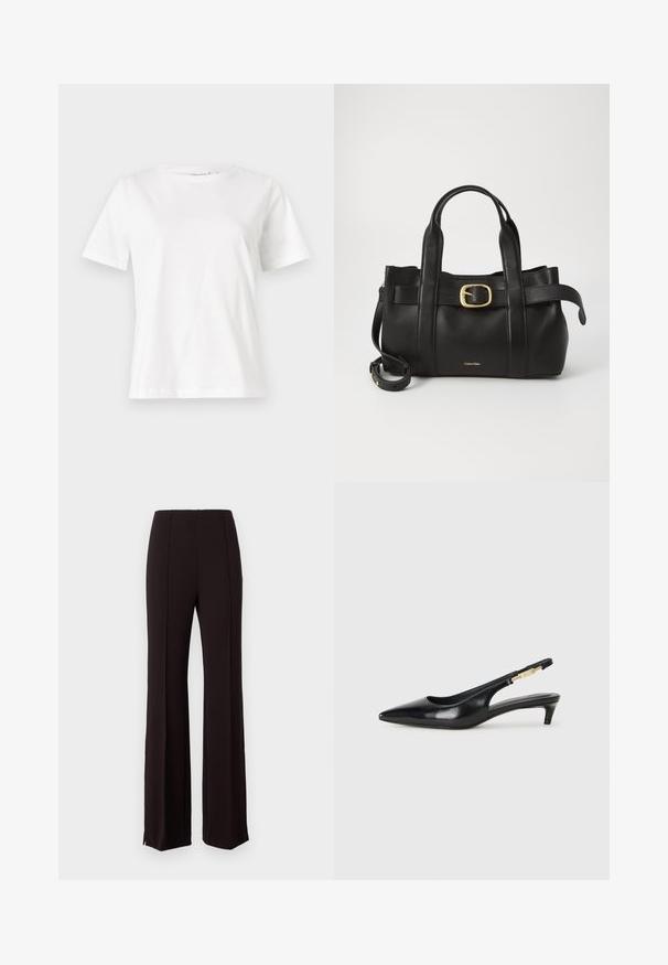 Bílý bavlněný tričko s krátkým rukávem, kulatým výstřihem a volnějším střihem. Hladká textura, bez vzorů nebo akcentů, minimalistický design.; Černé kalhoty s vysokým pasem a rozšířenými nohavicemi, s vertikálními švy a rozparky na lemu pro zvýšení detailu. Materiál vypadá hladce.; Černé kožené boty na podpatku s otevřenou patou a špičatou špičkou, s tenkým podpatkem a zlatým akcentem na nastavitelném pásku. Hladký povrch.; Černá kožená kabelka s upraveným designem, dvojitými vrchními madly, pozlaceným přezkovým akcentem a vyraženým logem značky na přední straně.