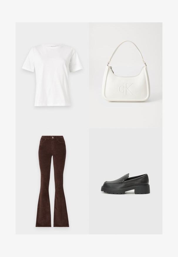 Bijela pamučna majica s kratkim rukavima, okruglim izrezom i opuštenim krojem. Glatka tekstura, bez uzoraka ili akcenata, minimalistički dizajn.; Smeđi kord ljubičasti hlače sa zakopčavanjem na dugme, dva prednja džepa i teksturirani materijal. Imaju struk koji se prilagođava i široku nogavicu.; Crne kožne loaferice s zaobljenim vrhom, debelim teksturiranim potplatom i minimalnim detaljima šivanja. Elegantna izrada bez vidljivih vezica ili metalnih elemenata.; Bijela kožna torba s zakrivljenim oblikom, koja na prednjoj strani ima utisnut logotip "CK" i jedan remen za nošenje preko ramena. Zatvaranje na munju na vrhu.