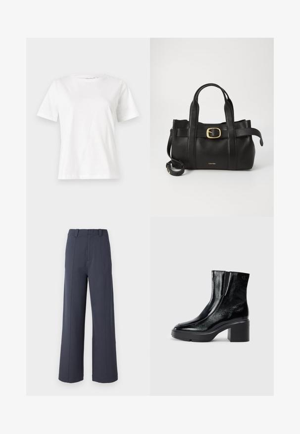Bela bombažna majica s kratkimi rokavi, okroglo izrezana in ohlapnega kroja. Gladka tekstura, brez vzorcev ali dodatkov, minimalističen dizajn.; Hlače širokih nogavic v temno sivi tkanini. Značilnosti vključujejo visok pas, sprednje gube in gladko teksturo z zankami za pas.; Črne lakirane gležnjarje z ukrivljenim nosom, elastičnimi stranskimi paneli in debelim blokastim peto. Imajo vtisnjen logotip na zadnjem delu.; Črna usnjena torba s strukturirano zasnovo, dvojni zgornji ročaji, zlato-tonirni zaponka kot dodatek in vtisnjeni logotip blagovne znamke spredaj.