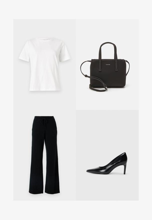 Witte katoenen t-shirt met korte mouwen, ronde halslijn en een ontspannen pasvorm. Gladde textuur, geen patronen of accenten, minimalistisch ontwerp.; Zwarte wijde broek van zachte stof met een trekkoord in de taille. Heeft een gladde textuur en geen zichtbare patronen of accenten.; Zwarte leren hoge hak met een spitse neus, een gladde textuur en een tapse hak. Minimalistisch ontwerp, geen extra versieringen.; Zwarte handtas met dubbele korte handvatten en een afneembare schouderriem. Glad, leerachtig materiaal met een ritssluiting en logo-detail.