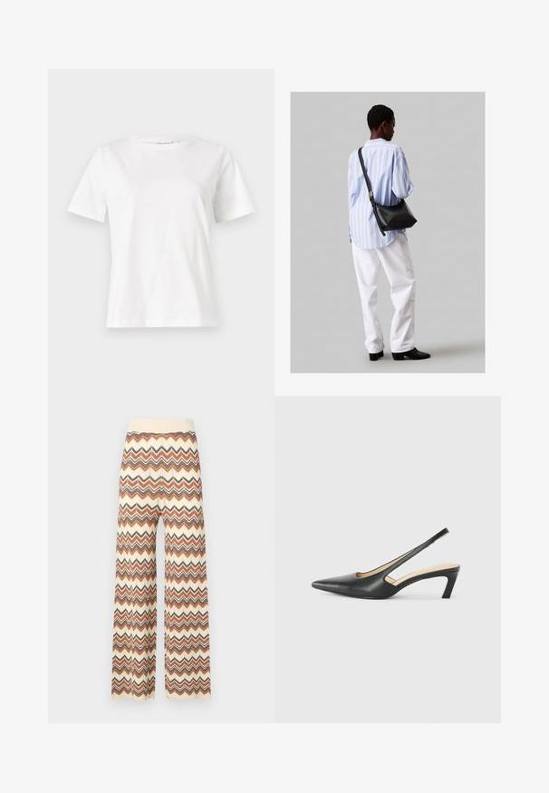 Tricou alb din bumbac cu mâneci scurte, guler rotund și o croială relaxată. Textură netedă, fără imprimeuri sau accente, design minimalist.; Malina DITTE PANTS - Pantaloni - multi-coloured; Pantof cu toc mic, cu vârf ascuțit și slingback, realizat din piele netedă, având un design decupat pe lateral pentru respirabilitate.; Geantă de umăr din piele neagră cu o textură moale, formă triunghiulară și curea ajustabilă, asortată cu o bluză cu dungi albastre deschise și pantaloni albi.