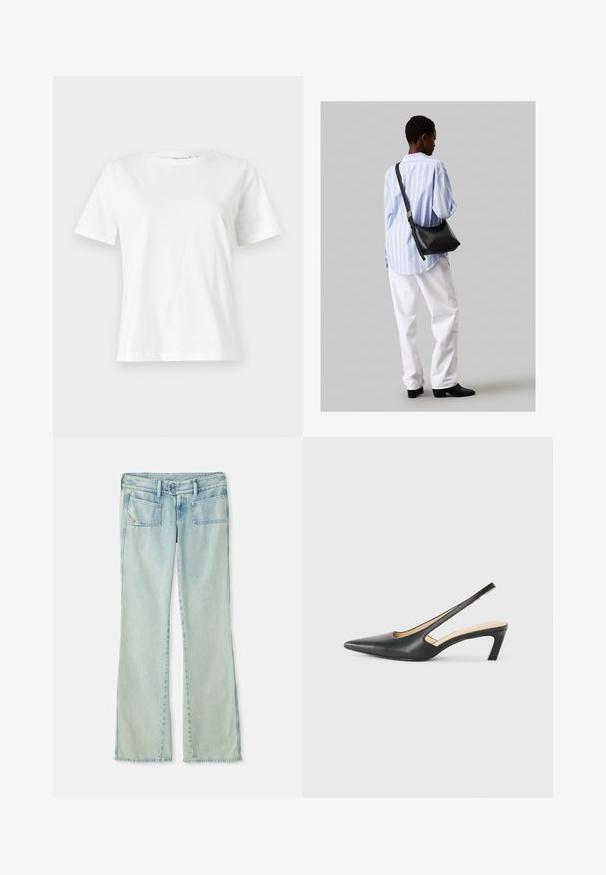 Fehér pamut póló rövid ujjakkal, kerek nyakkivágással és laza szabással. Sima textúra, nincsenek minták vagy díszítések, minimalista dizájn.; Világoskék farmernadrág, egyenes szárú kivitelezéssel, két elülső zsebbel és két hátsó zsebbel. Megkopott hatás az egész anyagon.; Fekete, hegyes orrú, slingback cipő alacsony sarkával, sima bőrből készült, oldalt kivágott deisgnal a légáteresztőképesség érdekében.; Fekete bőr válltáska puha tapintással, háromszög alakú, állítható pánttal, világoskék csíkos inggel és fehér nadrággal párosítva.