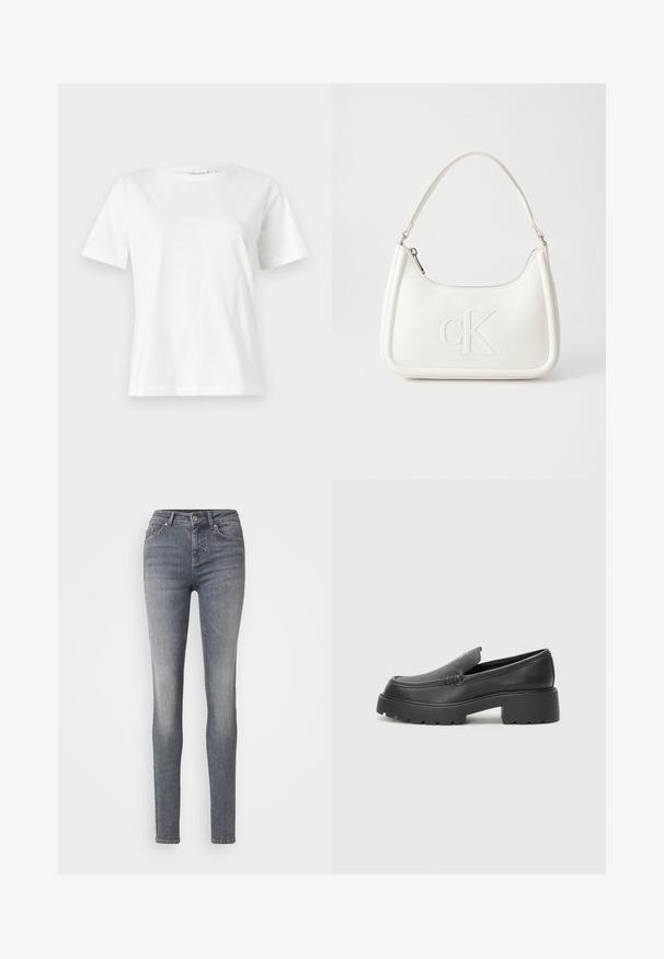 Valge puuvillane T-särk lühikeste varrukatega, ümmarguse kaelusega ja vabalt istuv. Sile tekstuur, ilma mustrite ja aktsentideta, minimalistik disain.; Slim-fit sinine teksade mõlgiga pesu, viis taskut, vöölingid ja eesmine nööp sulgemine. Valmistatud denimmaterjalist, millel on nähtav õmblemine.; Mustad nahast loafers ümarate varvastega, paksu tekstuuriga tald ja minimaalsete õmbluse detailidega. Viimistletud disain, kus pole nähtavaid paelu ega riistu.; Valge nahast käekott, millel on kumer kuju, esiküljel on reljeefne "CK" logo ja üks õlavarre rihm. Ülemine tõmblukkuu.