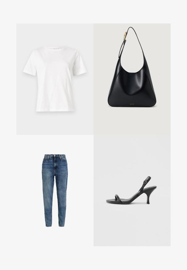 Bijela pamučna majica s kratkim rukavima, okruglim izrezom i opuštenim krojem. Glatka tekstura, bez uzoraka ili akcenata, minimalistički dizajn.; Traperice s visokim strukom u plavoj boji sa ravnim nogavicama, lagano izblijedjele, s kopčanjem na gumbe sprijeda i pet džepova.; Crne kožne sandale na visoku petu s tankom, zakrivljenom petom i dizajnom prekriženih traka. Podesiva traka oko gležnja. Glatka tekstura.; Crna kožna torba za rame s glatkom teksturom, zakrivljenim siluetom i zlatnim detaljima. Ima utisnutu oznaku branda na dnu.