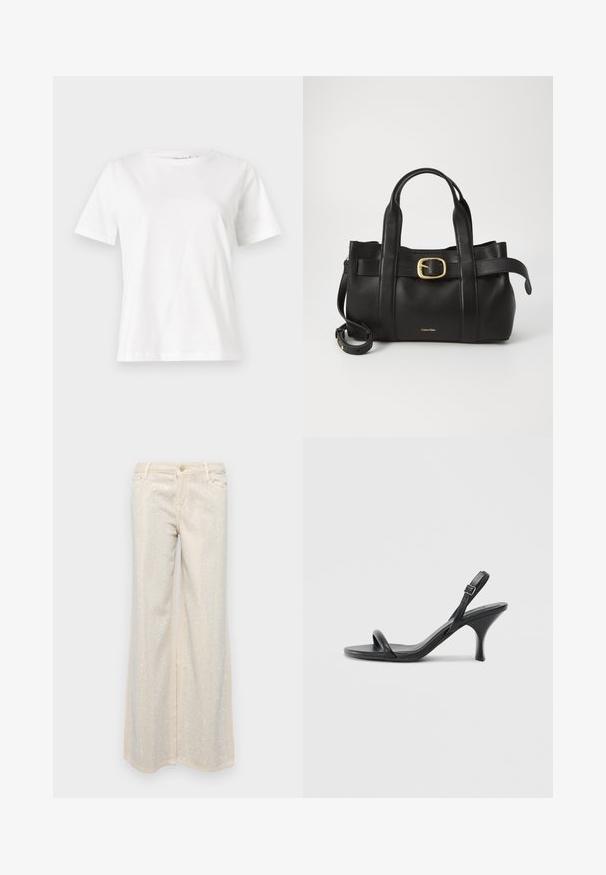 Balta medvilninė marškinėliai trumpomis rankovėmis, su apvalia iškirpte ir laisvu siluetu. Lygi tekstūra, be raštų ar akcentų, minimalistinis dizainas.; Smėliniai plačiakelniai kelnių su glotnia tekstūra, puoštos sidabriniais blizgučiais, išdėstytais raštu per priekį ir nugarą.; Juodos odinės aukštakulnės šlepetės su plonu, kreiviu kulnu ir kryžminiu dirželio dizainu. Reguliuojamas kulkšnies dirželis. Lygus paviršius.; Juodas odinis rankinės maišas su struktūrizuotu dizainu, dviem viršutinėmis rankenomis, auksinės spalvos sagtimi ir iškilniu prekės ženklu priekyje.