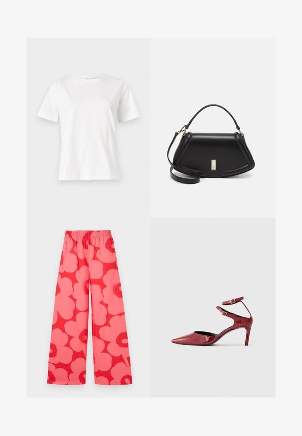 Witte katoenen t-shirt met korte mouwen, ronde halslijn en een ontspannen pasvorm. Gladde textuur, geen patronen of accenten, minimalistisch ontwerp.; Marimekko VOIMAKUKKA UNIKKO - Broek - red/pink; Glanzend rode puntige hoge hak schoen met twee enkelbandjes en gouden gespen, weergegeven in profiel op een effen witte achtergrond.; Zwarte leren handtas met een gestructureerd ontwerp, featuring een verkorte vorm, bovenhandvat en gouden hardwareaccent. Inclusief verstelbare schouderband.