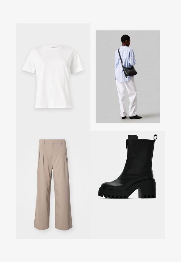 Baltas kokvilnas T-krekls ar īsām piedurknēm, apaļu kakla izgriezumu un brīvu piegriezumu. Gluda tekstūra, bez rakstiem vai akcentiem, minimālistisks dizains.; Bežīgas platās bikses ar krokām, izgatavotas no gludas auduma. Ar vidēju vidukli un tīru, pielāgotu siluetu.; Melna ādas potītes zābaku ar masīvu zoli, taisnu papēdi, sānu rāvējslēdzēju un cilpu aizmugurē uz vienkārša balta fona.; Melna ādas plecu soma ar mīkstu tekstūru, trīsstūra formu un regulējamu siksnu, apvienota ar gaiši zilu svītrotu krekli un baltām biksēm.