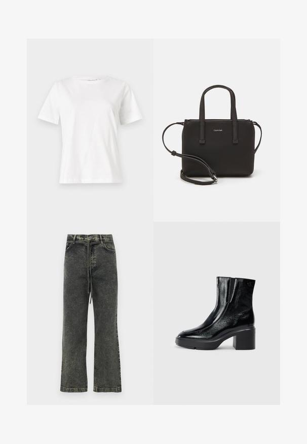 Biela bavlnená tričko s krátkymi rukávmi, okrúhlym výstrihom a voľným strihom. Hladká textúra, bez vzorov alebo akcentov, minimalistický dizajn.; Čierne džínsy s rovnými nohavicami, s jemne opotrebovanou textúrou, zapínaním na gombík a prednými vreckami.; Čierne lakované členkové topánky s zakrivenou špičkou, elastickými bočnými panelmi a masívnym blokovým opätkom. S embosovaným logom na zadnej strane.; Čierna kabelka s dvojitými krátkymi rúčkami a odnímateľným ramenným popruhom. Hladký materiál podobný koži s uzatváraním na zips a detailom loga.