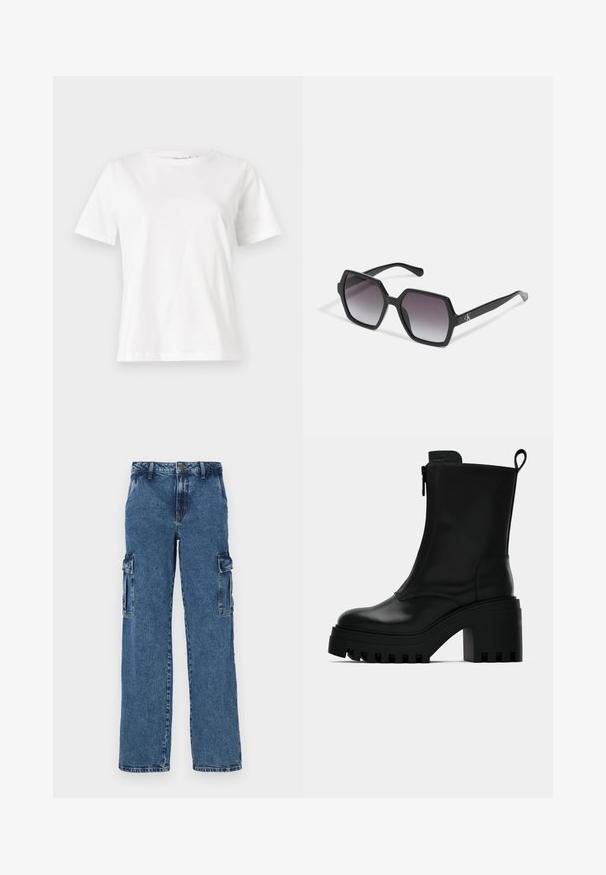 T-shirt de algodão branco com mangas curtas, decote redondo e um corte descontraído. Textura suave, sem padrões ou detalhes, design minimalista.; Calças cargo de denim azul com um corte relaxado, apresentando dois bolsos laterais, costura reforçada e um design de perna reta.; Botim de pele preto até ao tornozelo com sola robusta, salto bloco, fecho lateral e alça na parte de trás sobre fundo branco liso.; Óculos de sol hexagonais pretos com lentes degradê, apresentando um acabamento brilhante e uma marcação subtil na têmpora. Construção em plástico durável.