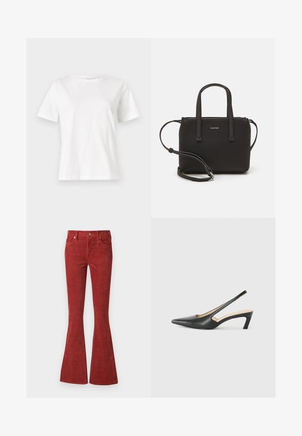 White cotton t-shirt with short sleeves, round neckline, and a relaxed fit. Smooth texture, no patterns or accents, minimalistic design.; Red corduroy flared jeans feature a high waist, front button closure, and two pockets. The fabric has a textured finish with vertical stripes.; Black pointy-toed slingback shoe with a low heel, featuring smooth leather material and cut-out design on the side for breathability.; Black handbag with dual short handles and a removable shoulder strap. Smooth leather-like material with a zip closure and logo detail.
