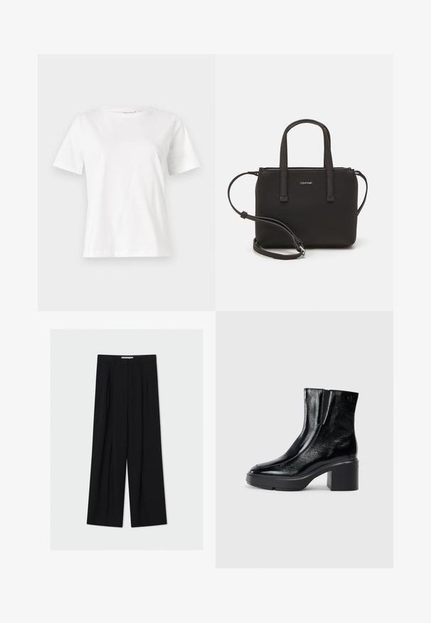 Witte katoenen t-shirt met korte mouwen, ronde halslijn en een ontspannen pasvorm. Gladde textuur, geen patronen of accenten, minimalistisch ontwerp.; Zwarte wijduitlopende broek van een gladde stof. Heeft een hoge taille, plooien aan de voorkant en een enkellange snit. Minimalistisch ontwerp.; Zwarte gepatenteerde leren enkellaarsjes met een gebogen neus, elastische zijpanelen en een chunky blokhak. Voorzien van een reliëflogo aan de achterkant.; Zwarte handtas met dubbele korte handvatten en een afneembare schouderriem. Glad, leerachtig materiaal met een ritssluiting en logo-detail.