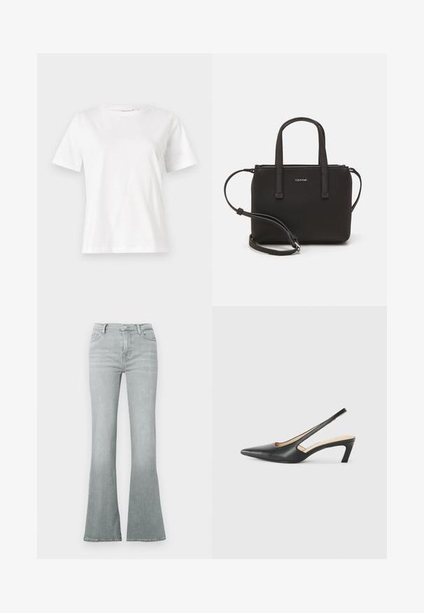 Witte katoenen t-shirt met korte mouwen, ronde halslijn en een ontspannen pasvorm. Gladde textuur, geen patronen of accenten, minimalistisch ontwerp.; Lichtgrijze uitlopende spijkerbroek van denim, voorzien van een hoge taille, ontwerp met vijf zakken en een gladde textuur met subtiele vervaging.; Zwarte puntige slingback schoen met een lage hak, gemaakt van soepel leer en voorzien van een uitsnede aan de zijkant voor ventilatie.; Zwarte handtas met dubbele korte handvatten en een afneembare schouderriem. Glad, leerachtig materiaal met een ritssluiting en logo-detail.