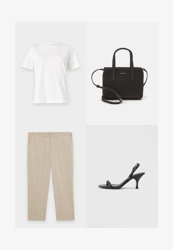 White cotton t-shirt with short sleeves, round neckline, and a relaxed fit. Smooth texture, no patterns or accents, minimalistic design.; Tommy Hilfiger Curve Trousers - classic beige; Black leather high-heeled sandals with a slim, curved heel and a crossed strap design. Adjustable ankle strap. Smooth texture.; Black handbag with dual short handles and a removable shoulder strap. Smooth leather-like material with a zip closure and logo detail.