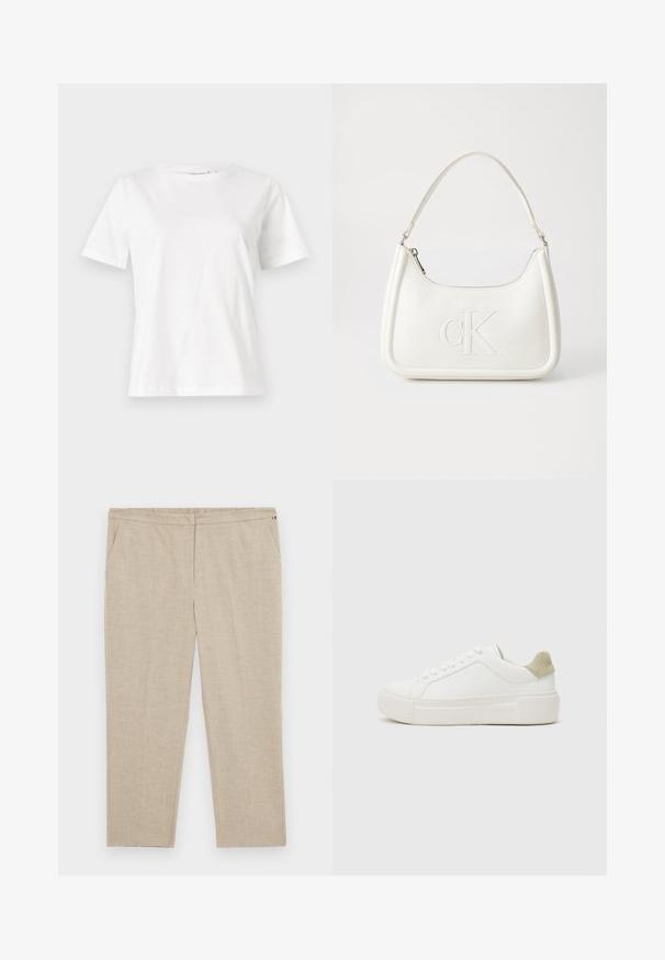 Biała bawełniana koszulka z krótkim rękawem, okrągłym dekoltem i luźnym krojem. Gładka tekstura, brak wzorów lub dodatków, minimalistyczny design.; Tommy Hilfiger Curve - Spodnie materiałowe; Białe trampki z gładką skórzaną cholewką, jasnoszary zamszowy akcent na pięcie oraz masywną białą gumową podeszwą. Posiadają fason na sznurowanie.; Biała skórzana torebka o zaokrąglonym kształcie, z wytłoczonym logo "CK" z przodu i pojedynczym paskiem na ramię. Zapięcie na zamek z góry.