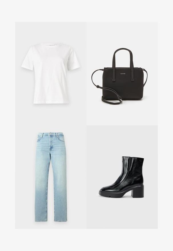 Baltas kokvilnas T-krekls ar īsām piedurknēm, apaļu kakla izgriezumu un brīvu piegriezumu. Gluda tekstūra, bez rakstiem vai akcentiem, minimālistisks dizains.; Gaiši zili džinsa džinsi ar taisnu kāju griezumu, aprīkoti ar pogu aizdari, jostas cilpām un izbalējumu visā audumā.; Melnas lakotas ādas potītes zābaki ar izliekto purngalu, elastīgām sānu paneļiem un masīvu blokveida papēdi. Aizmugurē ir izsistā logo.; Melns roku soma ar divām īsām rokturiem un noņemamu plecu siksnu. Gluda ādas līdzīga materiāla ar rāvējslēdzēja aizdari un logos detaļu.