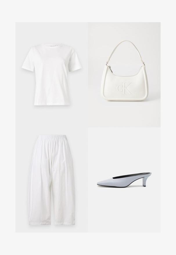 Hvit bomull t-skjorte med korte ermer, rund hals og avslappet passform. Glatt tekstur, ingen mønstre eller detaljer, minimalistisk design.; Hvite, avslappede bukser med elastisk midje. Laget av lett stoff med en glatt tekstur. Korte ben og ingen synlige lukninger.; Lys blå patentlær mule med spiss tå, lav gjennomsiktig hæl og en elegant design med utskjæring på vampen.; Hvit lærveske med en buet fasong, med et preget "CK"-logo på forsiden og en enkel skulderstropp. Glidelåslukking på toppen.