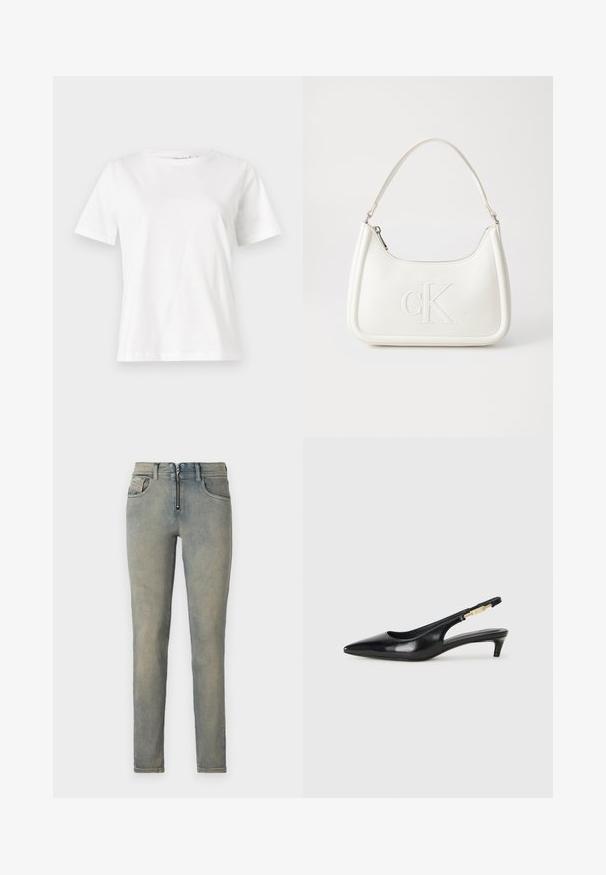 Bijela pamučna majica s kratkim rukavima, okruglim izrezom i opuštenim krojem. Glatka tekstura, bez uzoraka ili akcenata, minimalistički dizajn.; Uske mršavi traperice u svijetloplavom deminu, s prednjim patent zatvaračem, pet džepova i izblijedjelim pranjem s suptilnim varijacijama u boji.; Crne kožne sandale s petom, s izduženim vrhom, imaju usku petu i zlatni akcent na podesivoj traci. Glatka tekstura.; Bijela kožna torba s zakrivljenim oblikom, koja na prednjoj strani ima utisnut logotip "CK" i jedan remen za nošenje preko ramena. Zatvaranje na munju na vrhu.