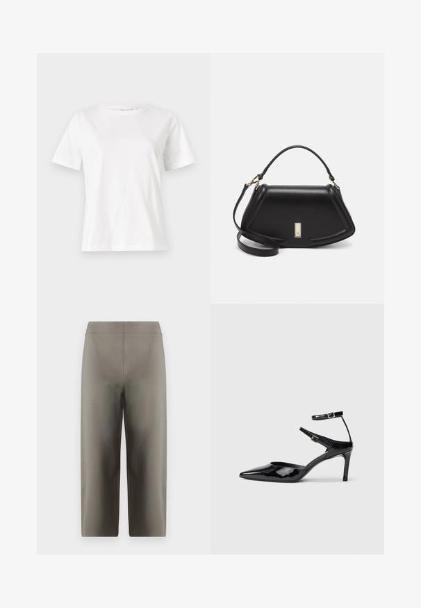 Weißes Baumwoll-T-Shirt mit kurzen Ärmeln, Rundhalsausschnitt und lockerer Passform. Glatte Textur, keine Muster oder Akzente, minimalistisches Design.; DRYKORN SEAL - Stoffhose - green; Schwarze Lacklederabsätze mit spitzer Zehenpartie, verstellbaren Knöchelriemen und einem schlanken Absatz. Glatte Textur mit glänzender Oberfläche.; Schwarze Lederhandtasche mit einem strukturierten Design, das eine verkürzte Form, einen oberen Griff und goldfarbene Hardware-Details aufweist. Verstellbarer Schulterriemen ist enthalten.