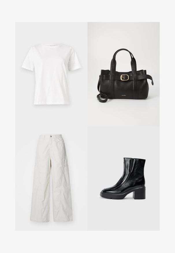 White cotton t-shirt with short sleeves, round neckline, and a relaxed fit. Smooth texture, no patterns or accents, minimalistic design.; Wide-leg cargo pants in light beige, made of lightweight fabric. Features side pockets and a button closure at the waist.; Black patent leather ankle boots with a curved toe, elastic side panels, and a chunky block heel. Features embossed logo on the back.; Black leather handbag featuring a structured design, dual top handles, gold-tone buckle accent, and embossed brand logo at the front.
