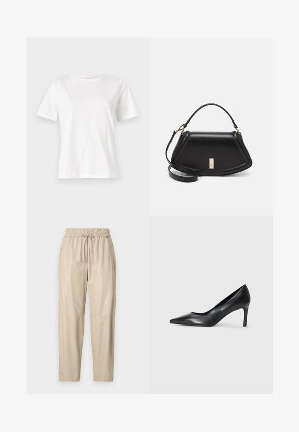 White cotton t-shirt with short sleeves, round neckline, and a relaxed fit. Smooth texture, no patterns or accents, minimalistic design.; Beige jogger pants made of shiny, smooth material. Features an elastic waistband with a drawstring, side pockets, and tapered legs.; Black leather pointed-toe pump with a slim heel, smooth texture, and no visible embellishments. Clean design with a minimalist aesthetic.; Black leather handbag with a structured design, featuring a cropped shape, top handle, and gold hardware accent. Adjustable shoulder strap included.