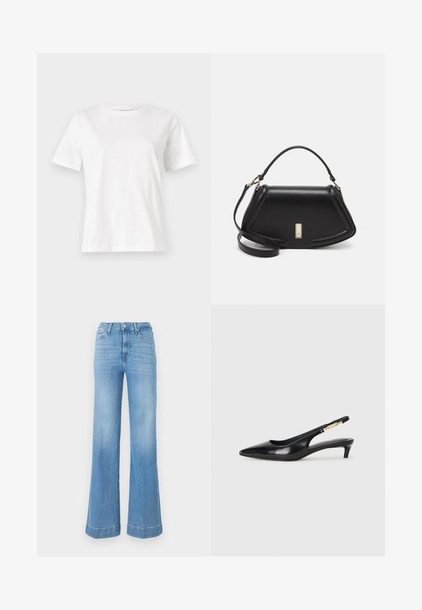 Biała bawełniana koszulka z krótkim rękawem, okrągłym dekoltem i luźnym krojem. Gładka tekstura, brak wzorów lub dodatków, minimalistyczny design.; Jasnoniebieskie dżinsy o szerokich nogawkach i wysokim stanie, wykonane z denimu. Posiadają zapięcie na guziki, niewielkie wytarcia i podwinięte mankiety u dołu.; Czarne skórzane szpilki typu slingback z ostrym noskiem, posiadające smukły obcas i złoty akcent na regulowanym pasku. Gładka tekstura.; Czarna skórzana torebka o strukturalnym designie, z przyciętą formą, górnym uchwytem i złotymi akcentami. W zestawie regulowany pasek na ramię.