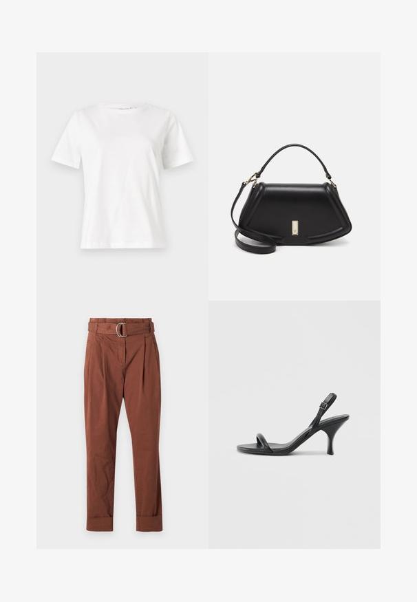 Valkoinen puuvillapaita lyhyillä hihoilla, pyöreällä kaula-aukolla ja rentolla istuvuudella. Sujuva rakenne, ei kuvioita tai yksityiskohtia, minimalistinen muotoilu.; Ruske puuvillasaapad, millel on vöö koos metallist klambriga, volditud esiosa ja keeratud mansetid. Sile tekstuur ja sirge jalgade disain.; Mustat nahkaiset korkokengät, joissa on hoikka, kaareva korko ja ristiin menevä hihnadesign. Säädettävä nilkkahihna. Silkkinen pinta.; Mustalla nahkalaukulla, jossa on jämäkkä muotoilu, lyhyt malli, yläkahva ja kultaiset yksityiskohdat. Säädettävä olkahihna sisältyy.