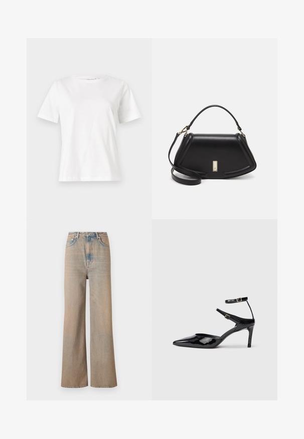 Valkoinen puuvillapaita lyhyillä hihoilla, pyöreällä kaula-aukolla ja rentolla istuvuudella. Sujuva rakenne, ei kuvioita tai yksityiskohtia, minimalistinen muotoilu.; Vaaleanpesua tehty leveälahkeiset farkut, joissa on korkea vyötärö, valmistettu denimestä. Ominaisuuksia ovat hienovarainen ommel ja viisi taskua, sekä hieman haalistunut pinta.; Mustat lakatut korkokengät, joissa on terävä kärki, säädettävät nilkkahihnat ja hoikka korko. Suora pinta, joka näyttää kiiltävältä.; Mustalla nahkalaukulla, jossa on jämäkkä muotoilu, lyhyt malli, yläkahva ja kultaiset yksityiskohdat. Säädettävä olkahihna sisältyy.