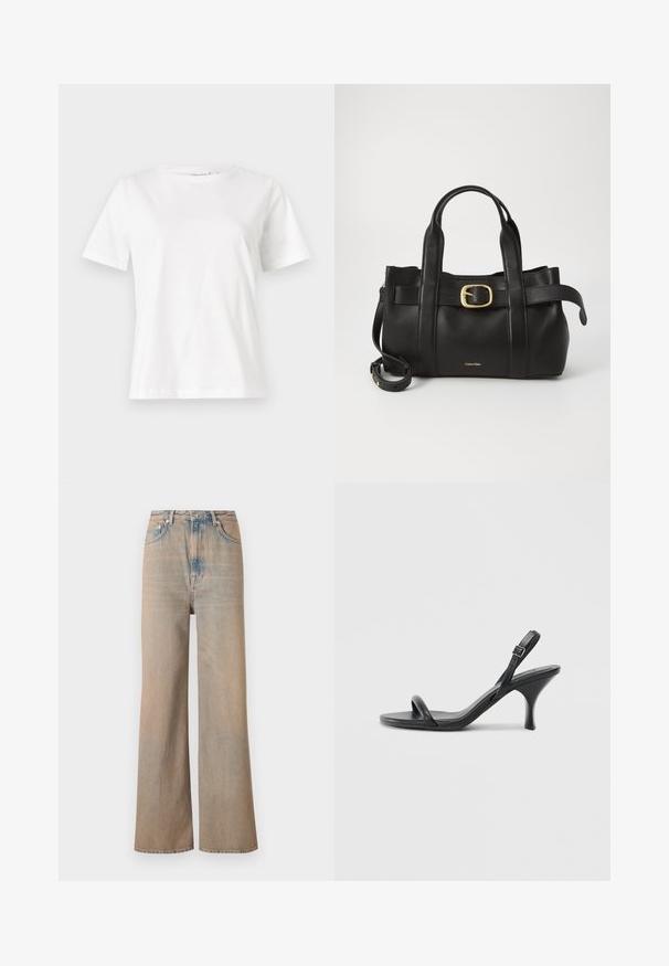 Camiseta de algodón blanca de manga corta, con cuello redondo y un corte relajado. Textura suave, sin patrones ni acentos, diseño minimalista.; Jeans de tiro alto y pierna ancha en un lavado claro, fabricados en denim. Presentan costuras sutiles y cinco bolsillos, con una textura ligeramente desgastada.; Sandalias de tacón alto de cuero negro con un tacón delgado y curvado y un diseño de tiras cruzadas. Correa para el tobillo ajustable. Textura suave.; Bolso de cuero negro con un diseño estructurado, doble mango superior, detalle de hebilla en tono dorado y logo de la marca grabado en la parte frontal.