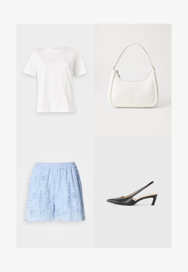Tricou alb din bumbac cu mâneci scurte, guler rotund și o croială relaxată. Textură netedă, fără imprimeuri sau accente, design minimalist.; Shorts din bumbac de culoare albastră deschisă, cu modele brodate și decupaje, talie elastică și margine zimțată. Au desene florale și de frunze.; Pantof cu toc mic, cu vârf ascuțit și slingback, realizat din piele netedă, având un design decupat pe lateral pentru respirabilitate.; Geantă de umăr din piele albă cu formă curbată, având un logo "CK" embosat pe partea din față și un singur braț de umăr. Închidere cu fermoar în partea de sus.