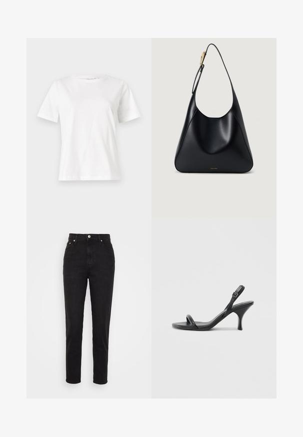 T-shirt de algodão branco com mangas curtas, decote redondo e um corte descontraído. Textura suave, sem padrões ou detalhes, design minimalista.; Calças de ganga pretas de cintura alta, slim-fit, com botão frontal, passadores para cinto e design de cinco bolsos, sobre fundo branco.; Sandálias de salto alto em couro preto com um salto curvado e fino e um design de tiras cruzadas. Correia ajustável no tornozelo. Textura suave.; Bolsa de ombro em couro preto com uma textura suave, silhueta curvada e um detalhe em metal dourado. Apresenta logótipo da marca em relevo na base.