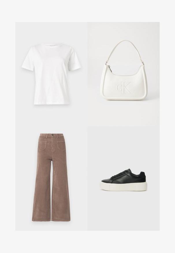 Witte katoenen t-shirt met korte mouwen, ronde halslijn en een ontspannen pasvorm. Gladde textuur, geen patronen of accenten, minimalistisch ontwerp.; Bruine corduroy broek met wijde pijpen en hoge taille, met knoopsluiting, twee achterzakken en verticale ribbeltextuur.; Zwarte leren sneaker met een ronde neus, witte platformzool en zwarte veters. Bevat een subtiele logo op de hiel en een gladde textuur.; Witte lederen handtas met een gebogen vorm, voorzien van een reliëf "CK" logo aan de voorkant en een enkele schouderriem. Ritsluiting aan de bovenkant.