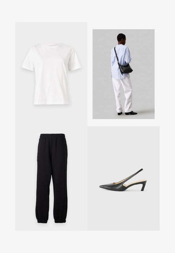Λευκό βαμβακερό μπλουζάκι με κοντά μανίκια, στρογγυλή λαιμόκοψη και άνετη εφαρμογή. Λείο υφασμάτινο, χωρίς σχέδια ή αξεσουάρ, μινιμαλιστικός σχεδιασμός.; Μαύρο αθλητικό παντελόνι φτιαγμένο από μαλακό ύφασμα, με ελαστική μέση και ελαστικά μανίκια στους αστραγάλους, χωρίς ορατά μοτίβα ή τσέπες.; Μαύρο παπούτσι slingback με αιχμηρή μύτη και χαμηλό τακούνι, κατασκευασμένο από λείο δέρμα με σχέδιο κοπής στη πλευρά για αερισμό.; Μαύρη δερμάτινη τσάντα ώμου με απαλή υφή, τριγωνικό σχήμα και ρυθμιζόμενο λουρί, συνδυασμένη με ένα ανοιχτό μπλε ριγέ πουκάμισο και λευκό παντελόνι.
