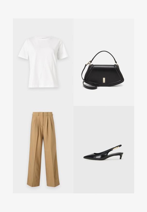 Camiseta de algodón blanca de manga corta, con cuello redondo y un corte relajado. Textura suave, sin patrones ni acentos, diseño minimalista.; Pantalones de algodón beige con una cintura alta, frente plisado, piernas anchas y una textura suave. Presenta una cinturilla estándar y pasadores para cinturón.; Tacones negros de piel sintética tipo slingback con punta afilada, que cuentan con un tacón delgado y un detalle en tono dorado en la correa ajustable. Textura suave.; Bolso de mano de cuero negro con un diseño estructurado, que presenta una forma recortada, asa superior y acentos en dorado. Correa de hombro ajustable incluida.