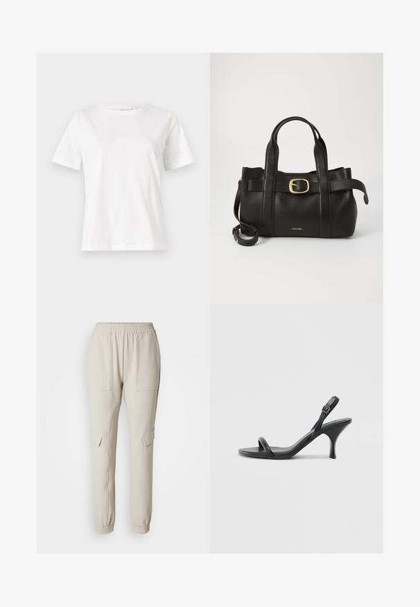 Hvit bomull t-skjorte med korte ermer, rund hals og avslappet passform. Glatt tekstur, ingen mønstre eller detaljer, minimalistisk design.; Beige joggebukser med elastisk midjebånd, to sidelommer og innsnevret benåpning. Laget av myk, lett stoff.; Sorte skinnhøye hæler med en slank, buet hæl og et kryssrem-design. Justerbar ankelrem. Glatt tekstur.; Svart lærveske med en strukturert design, doble topphåndtak, gullfarget spenneakent og preget merke-logo foran.