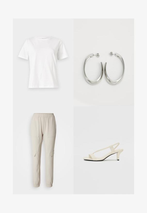 Fehér pamut póló rövid ujjakkal, kerek nyakkivágással és laza szabással. Sima textúra, nincsenek minták vagy díszítések, minimalista dizájn.; Beige színű jogger nadrág rugalmas derékkal, két oldalsó zsebbel és szűkített lábszárral. Puha, könnyű anyagból készült.; Beige színű, blokksarkú szandálok vékony pántokkal és négyzet alakú orral. Simább anyag, minimális részletezéssel, amely könnyű viselésre lett tervezve.; Ezüst karika fülbevalók sima, ívelt formával. Fényes fémes felülettel és tűs zárral rendelkeznek. Nincsenek látható minták vagy kiegészítők.
